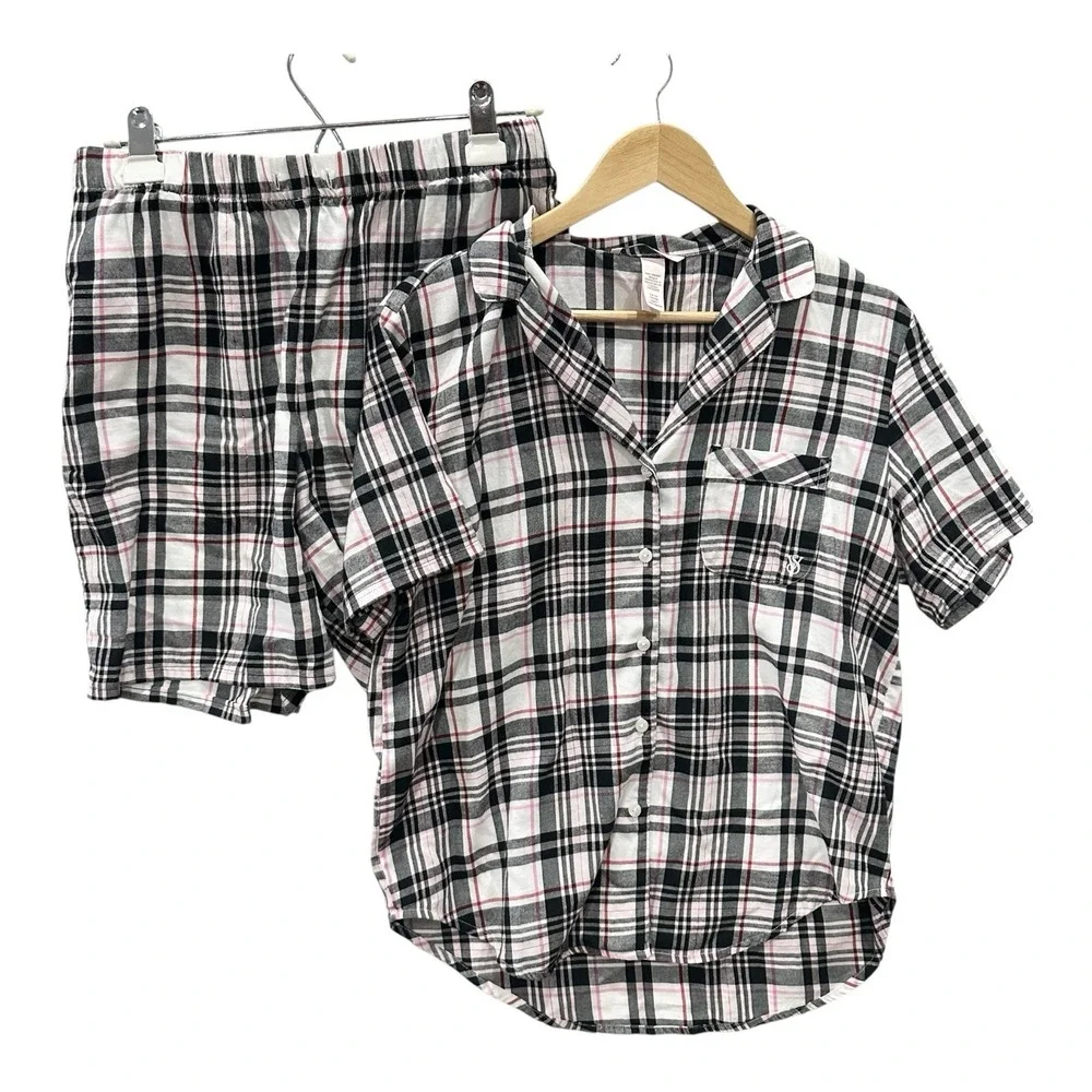 Victoria's Secret Flannel Short Sleeve Top Shorts Plaid PJ Set Sz S-M Pink/Black